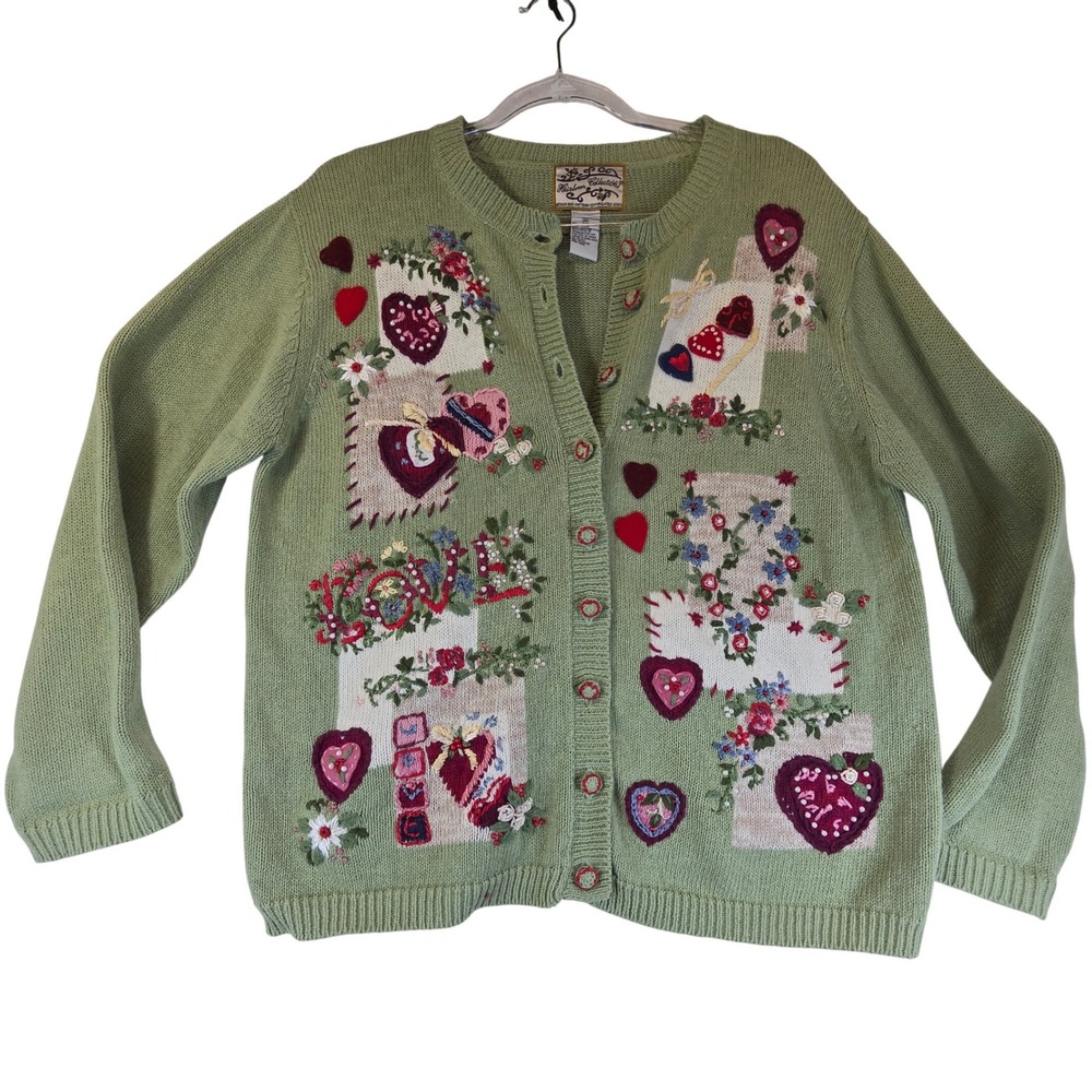 Vtg Valentine 3D Cardigan Sweater Women M Green Embroidered Heart Artsy Love 90